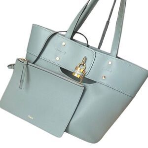 Chloé Aby Blue Leather Gold Lock and Key Attached Pouch Handbag Tote with COA